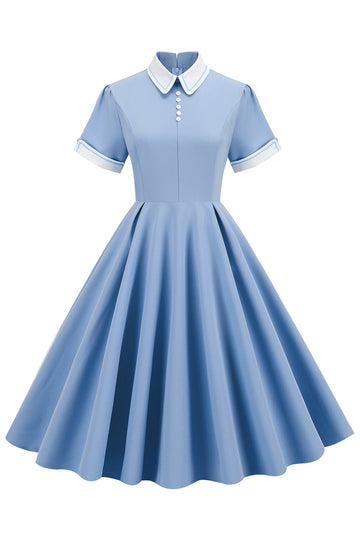 Jasnoniebieska Sukienka Vintage Lata 50 z Rękawami
